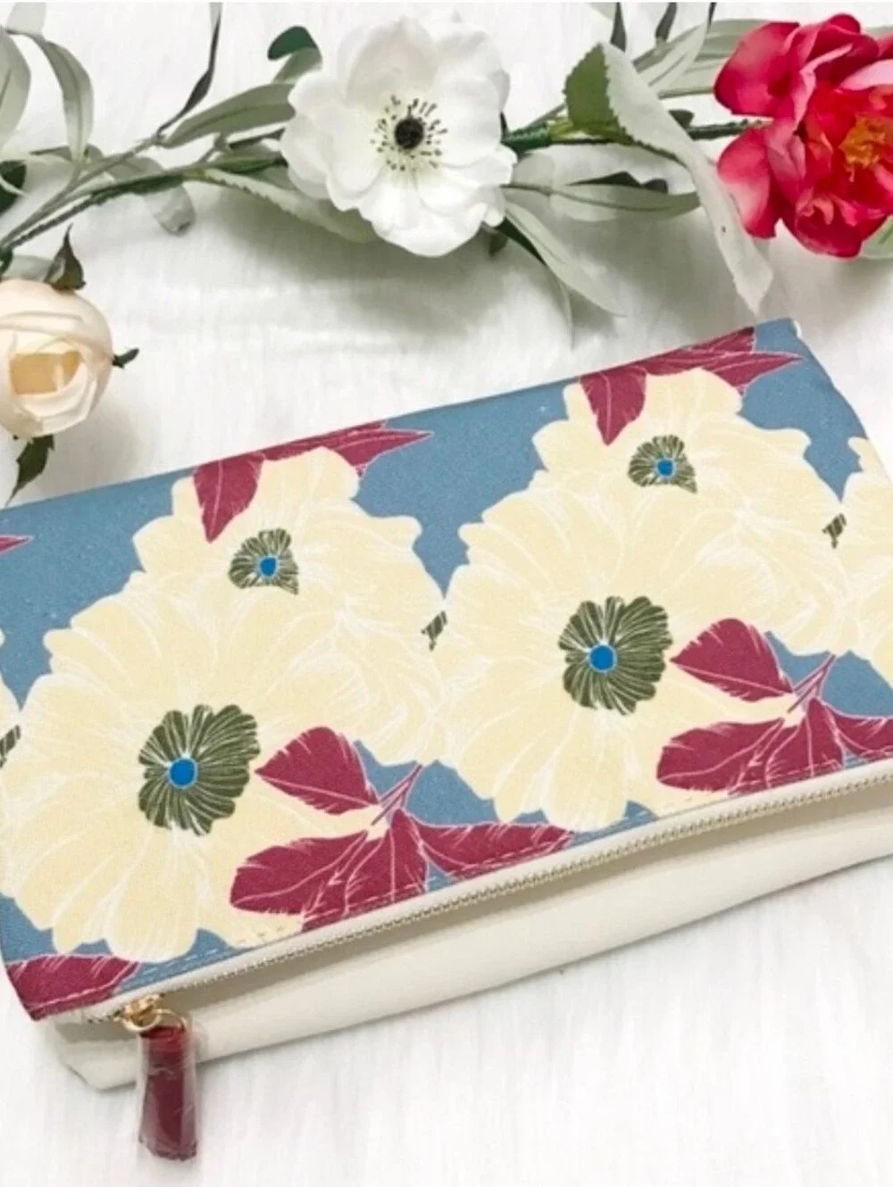 Rachel Pally Clutch Blue CanvasPrintedGold-Tone Hardware Leather TrimLeather